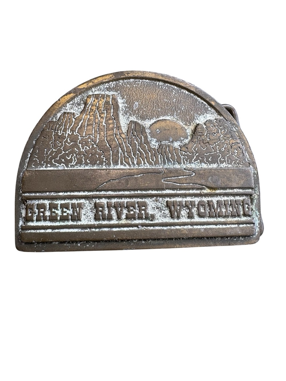 Vintage Green Rivers. Wyoming Belt Buckle with Mountain River at Sunset Design